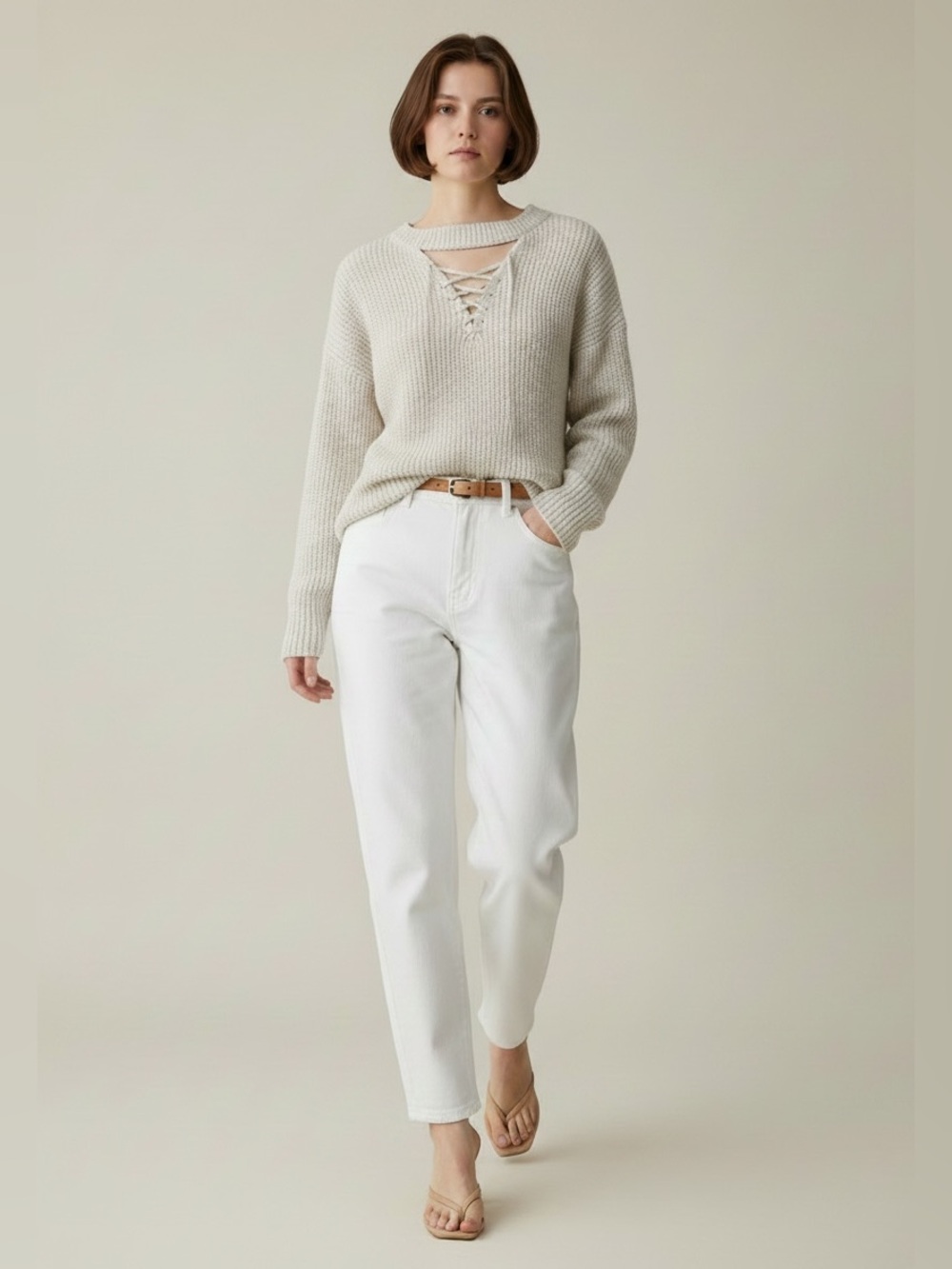 Devoted Sweater Lace Front Keyhole Neckline High Low Hem Light Beige Small